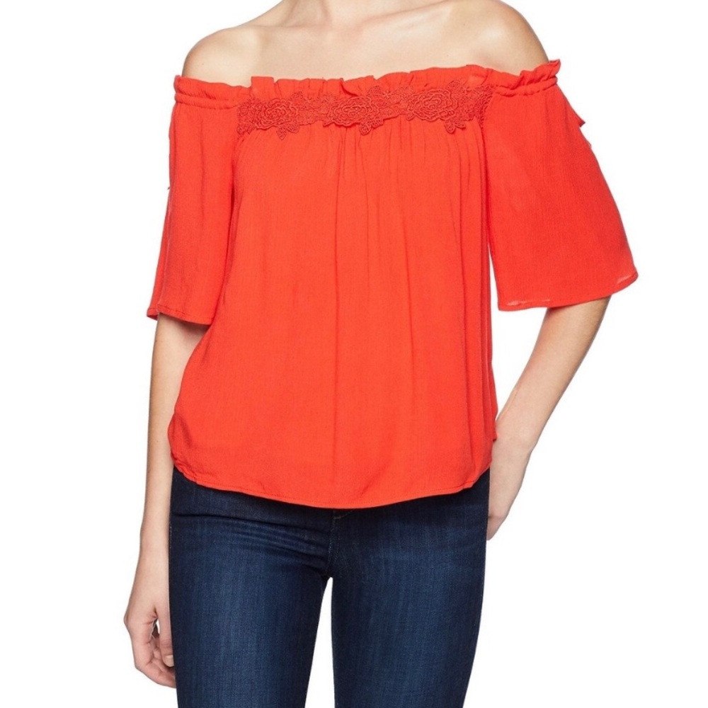 GUESS Red Off the Shoulder Crochet Lace Blouse